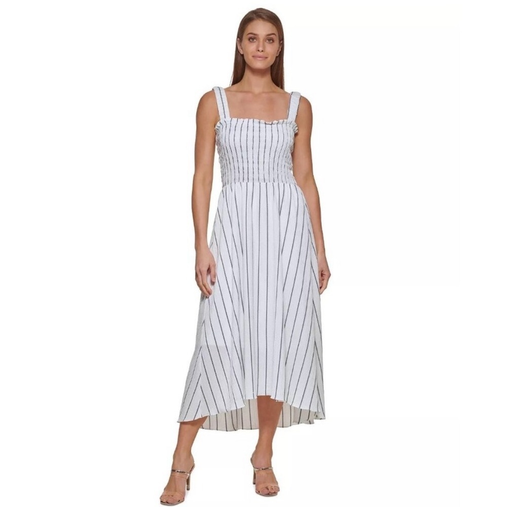 EUC DKNY Womens Size 10 Striped Smocked
Midi Dress in White/Blue